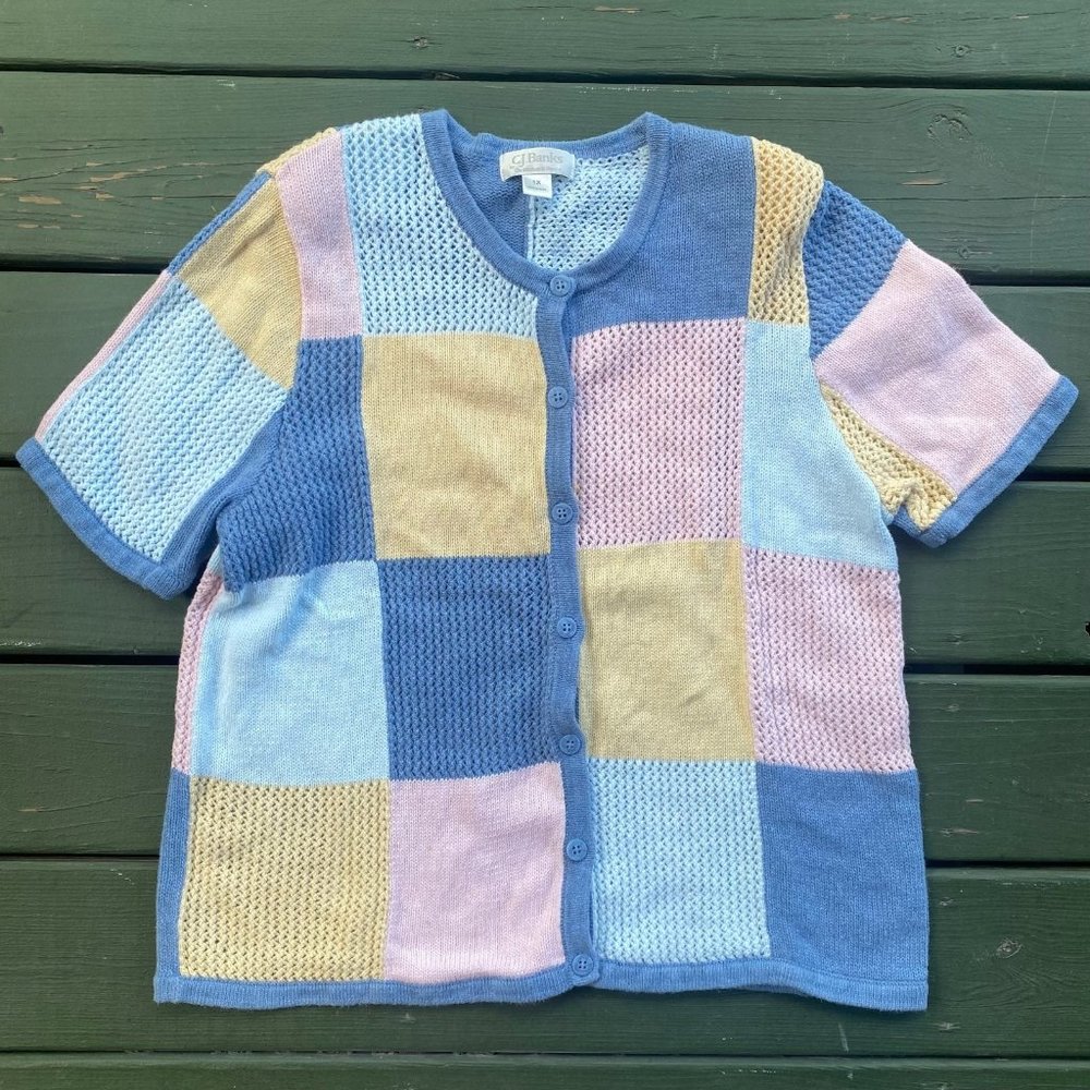 Vintage Pastel Color Block Short Sleeve Cardigan … - image 1